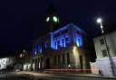 Welshpool Town Hall illuminated in blue for World Parkinson's Day.
