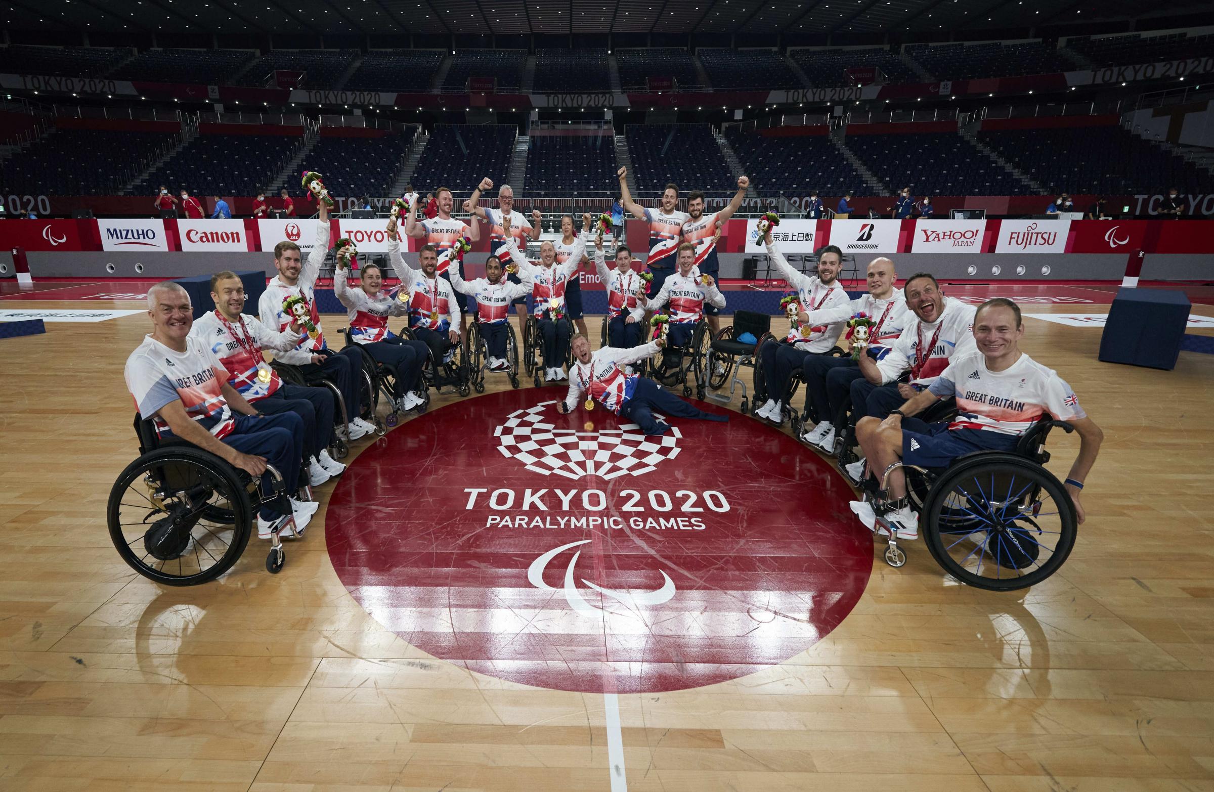 Handout photo dated 29/08/2021 provided by ParalympicsGB/imagecomms of ParalympicsGB Wheelchair Rugby Team Mix, wins gold the Final, Great Britain vs USA, the Tokyo 2020 Paralympic Games during day five of the Tokyo 2020 Paralympic Games in Japan.
