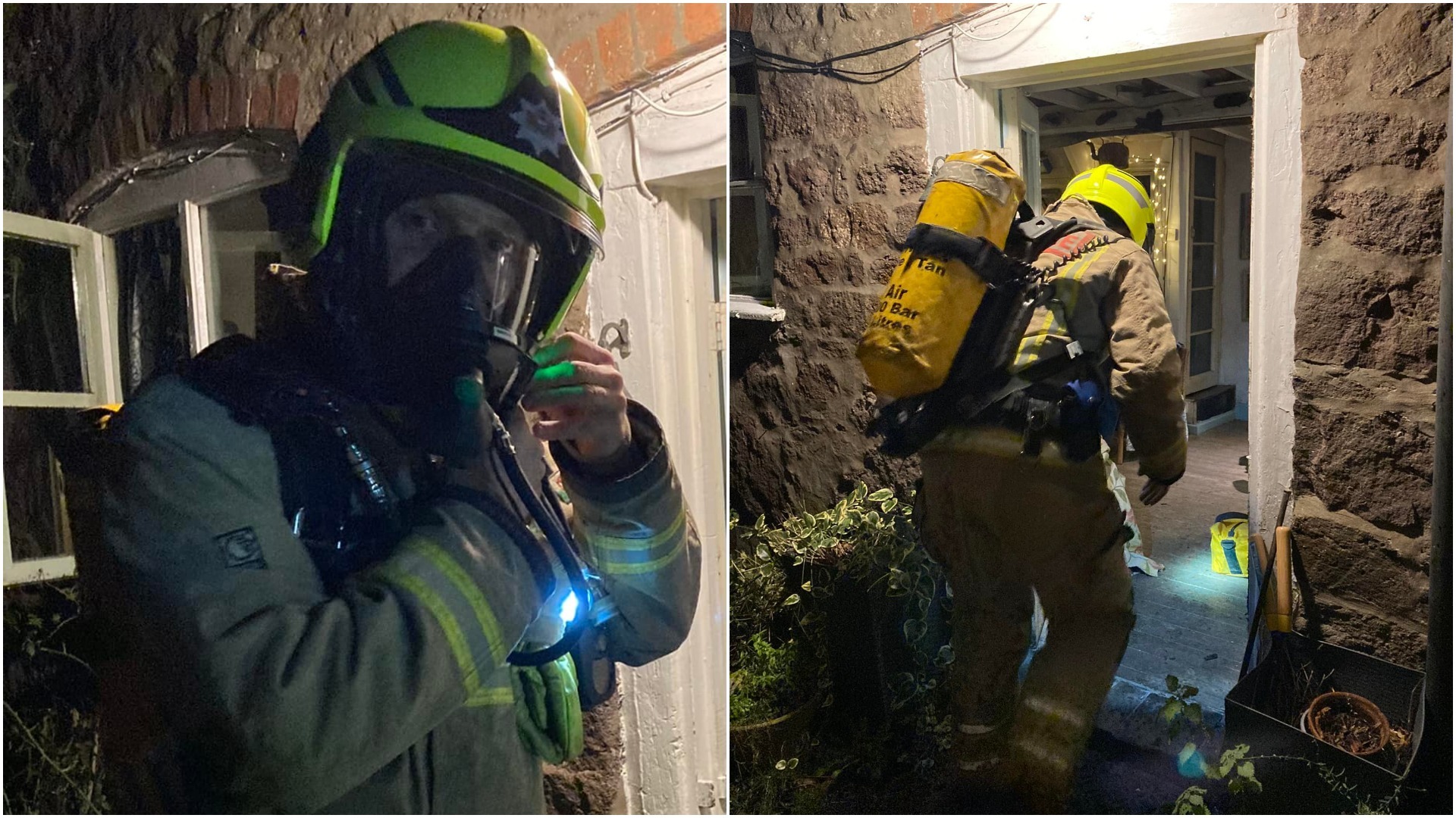 A firefighterfrom Llanfair Caereinion Station enters a property with high levels of carbon monoxide in the Guilsfield area. Pictures by Joy Hopson