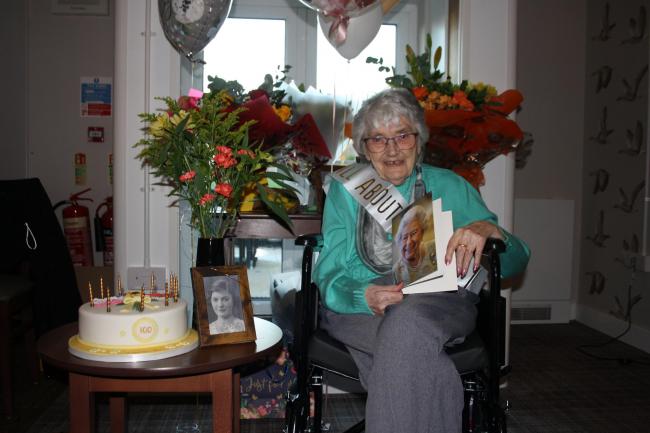 Francess Williams celebrates 100th birthday at The Oaks care home in Newtown on Friday, January 14, 2022. Picture by Anwen Parry/County Times