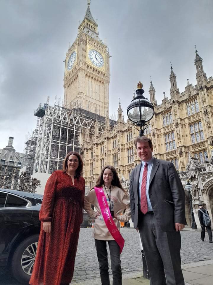Newtowns Miss Junior Teen GB finalist Scarlett Davies with Brecon and Radnorshire MP Fay Jones and Montgomeryshire MP Craig Williams outside the Houses of Parliament and Big Ben
