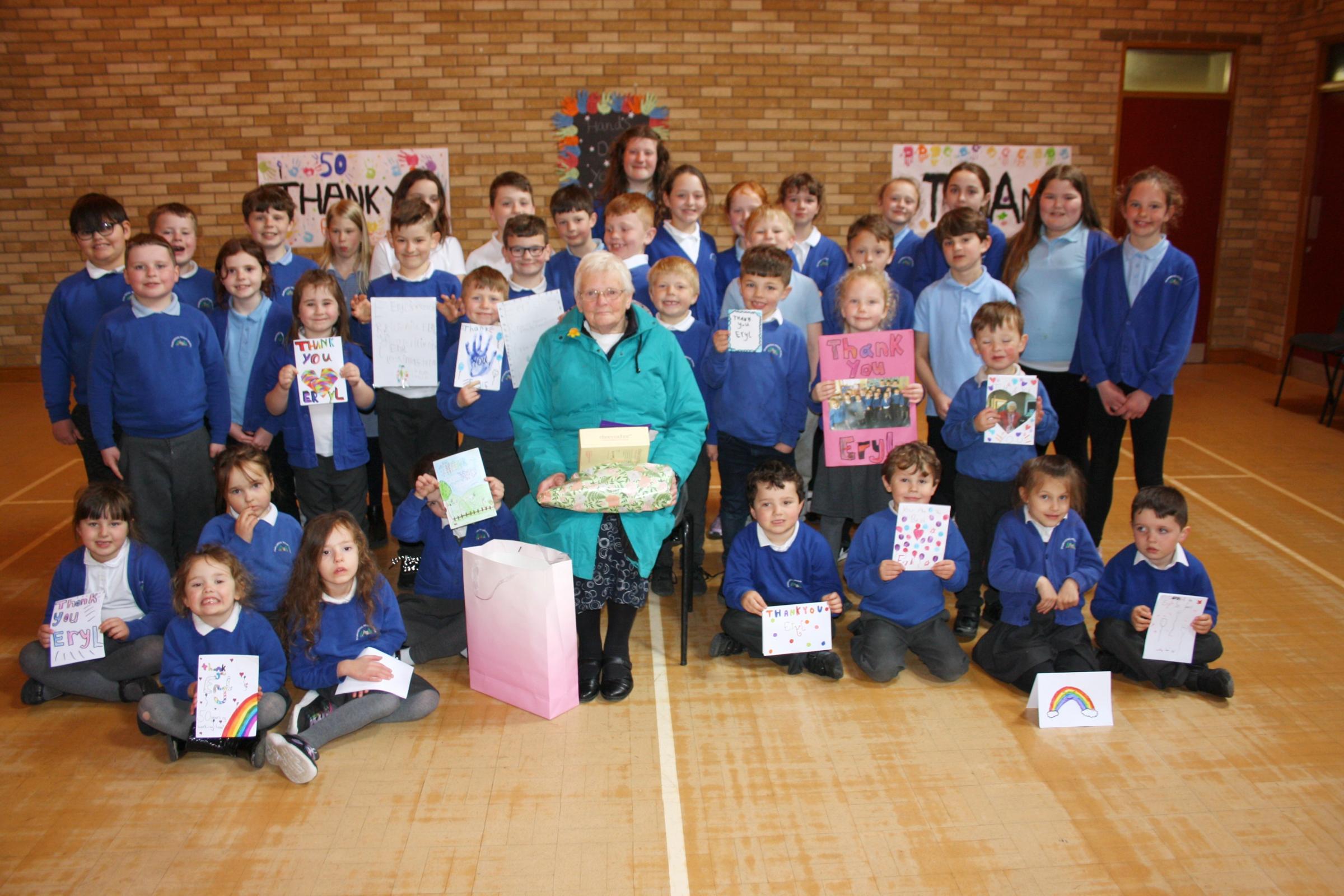 Eryl Pugh celebrates 50 years at Churchstoke Primary School with a special assembly on April 4, 2022. Picture by Anwen Parry/County Times