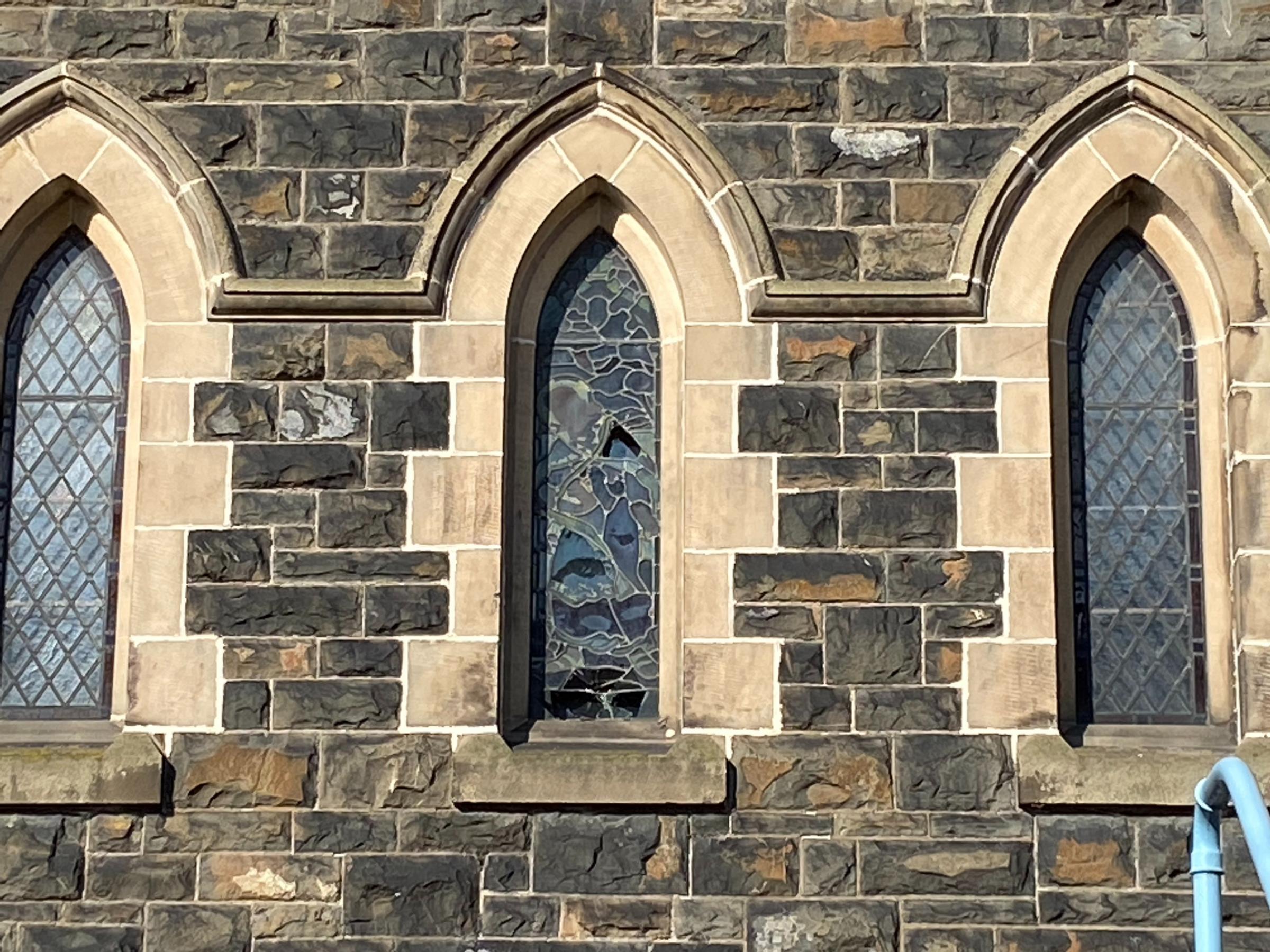 A window at Crescent Chapel, Newtown was smashed overnight on April 21 and 22, police say