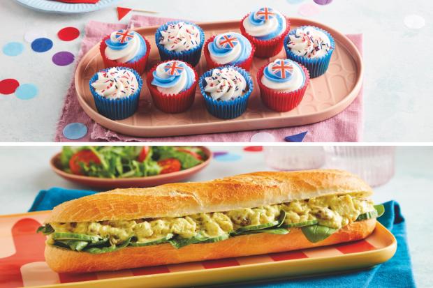 County Times: (Top) Jubilee Cupcake Platter (bottom) Coronation Chicken Baguette (Morrisons/Canva)