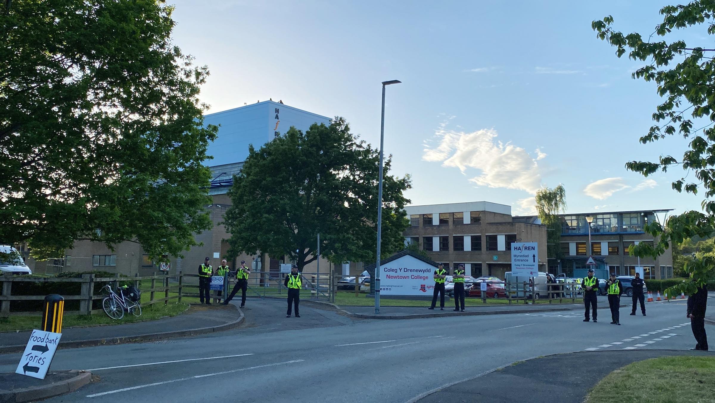 Police officers outside Theatre Hafren where the Welsh Conservative Party conference in Newtown was held on Saturday, May 21, 2022. Picture by Anwen Parry/Powys County Times