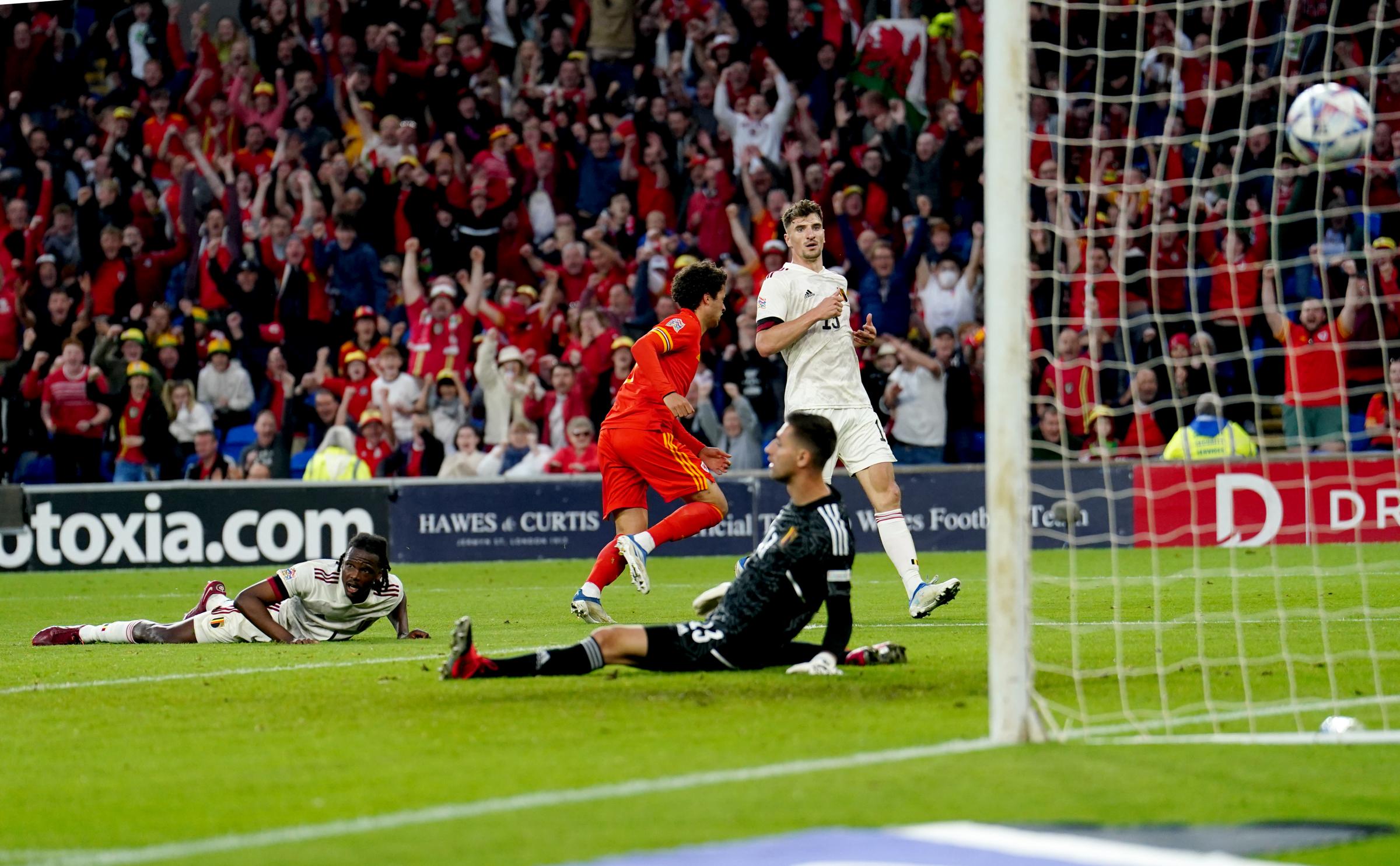 Wales Brennan Johnson scores their equalising goal of the game during the UEFA Nations League match at Cardiff City Stadium, Cardiff. Picture date: Saturday June 11, 2022.