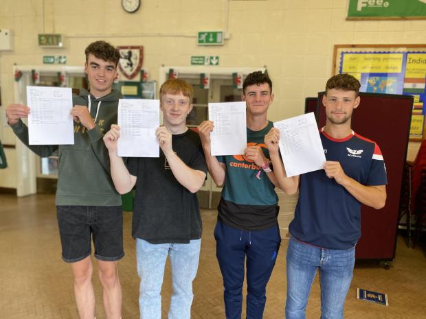 County Times: Jack Williams, from Caersws, (ABB Merit), Head Boy Harvey George, from Newchapel (A*ABB), Tomas Owen, from Newtown, (A*A*AA) and Iwan Jerman, from Carno (AAAB) 