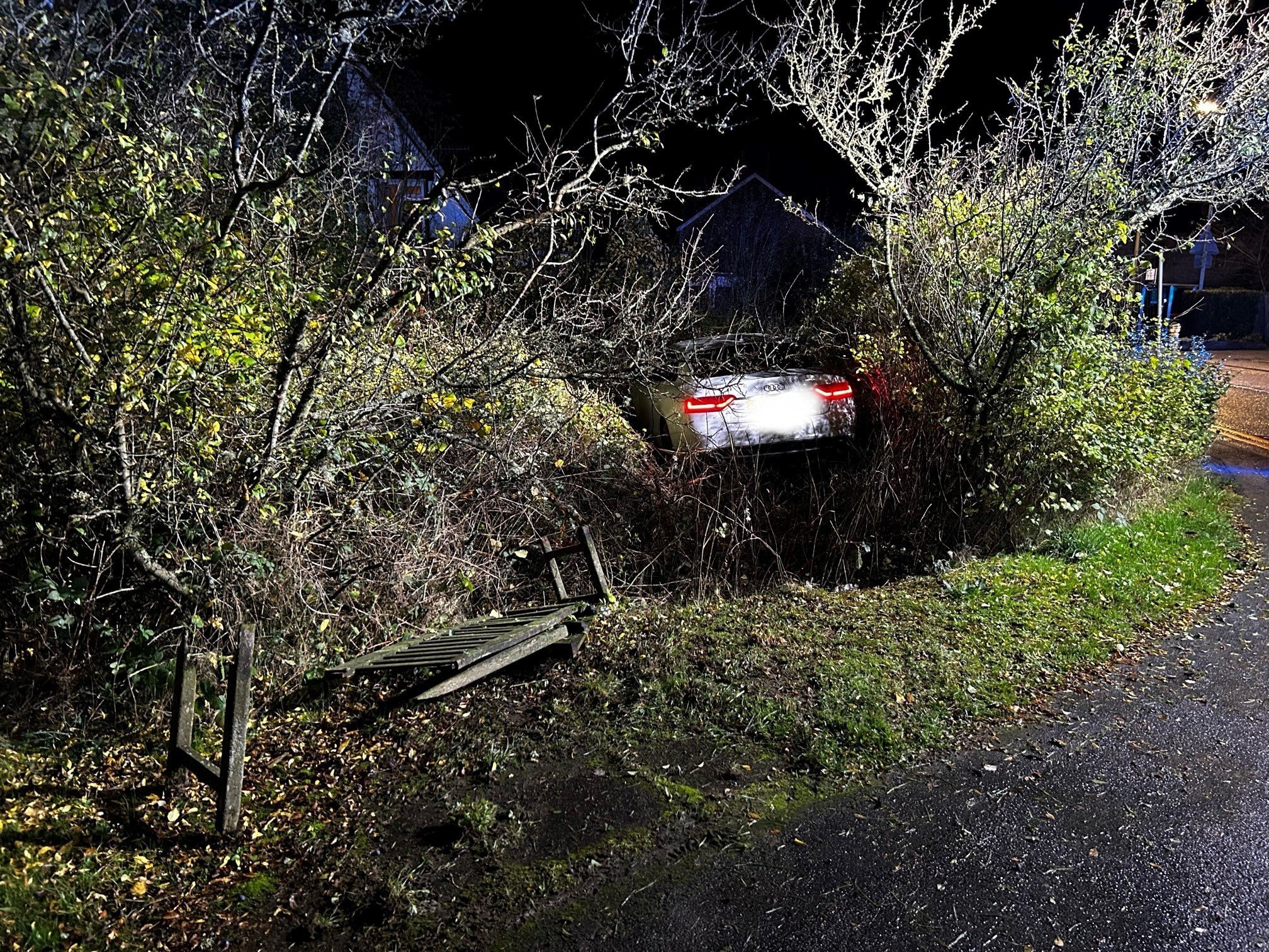 An Audi ended up in a hedge after police used a stinger to stop the speeding car in Crossgates. Picture by Powys Roads Policing/Dyfed-Powys Police