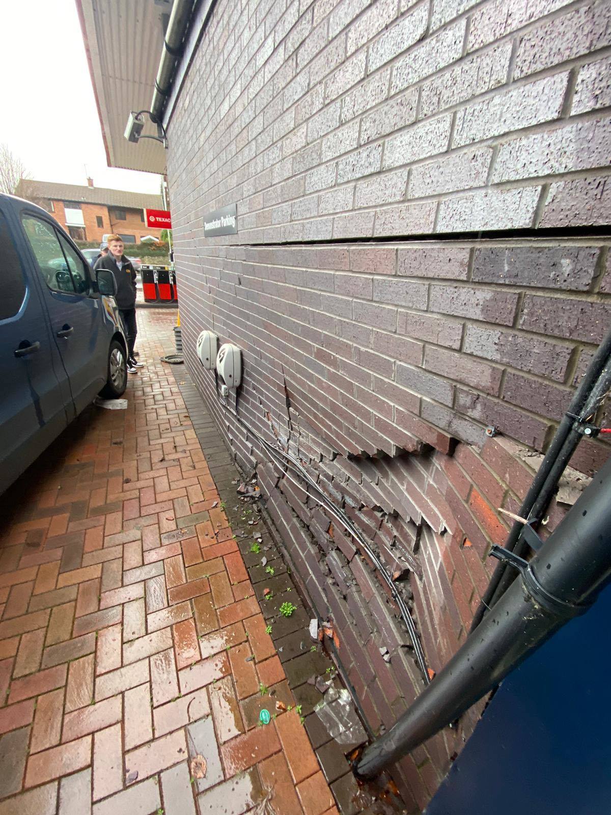 A side wall of the Bradleys Costcutter forecourt shop in Llanidloes was damaged by a vehicle on New Years Eve (Saturday, Decembr 31, 2022). Pictures by Bradleys Costcutter Llanidloes