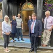 Pictured (l-r) are Amanda Milling with Vicky and Arwyn Watkins of the Cambrian Training Company, Montgomeryshire MS Russell George, MP Craig Williams and Glyn Davies, chairman of the Welsh Conservatives