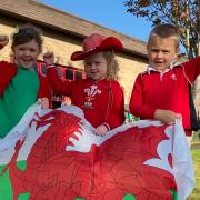 Llanidloes CP School pupils celebrate Shwmae Su'mae Day on October 15, 2021. Picture by Anwen Parry/County Times