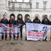 Walkers taking part in the Grenadier Walk of Oman, during a break at Horse Guards Parade, Whitehall, after arriving in London where they are due to finish the charity walk at the Anglo Omani Society. Picture date: Thursday October 21, 2021.