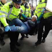 Angie Zelter, from Knighton, being arrested as part of the XR Peace protest in London last August. Picture: XR Peace