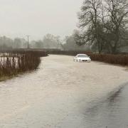Flooding on the Llanfyllin to Llanfechain road, photo by Andrea Carruthers