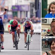 The winners cross the line. Right: Isobel Owen, Paul Alexander, and Beverley Baynham. Main pic: PA.
