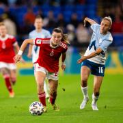 Wales' Carrie Jones in action against Slovenia's Kaja during 2023 FIFA Women's World Cup Qualifier between Wales  and  Slovenia at the Cardiff City Stadium, Cardiff, Wales, UK.  (Pic by