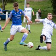 Action from Llandrindod Wells' victory over Cefn Albion. Picture by Darren Laurie.