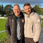Bow Street Football Club chairman Wyn Lewis and Sheffield United and Wales star Rhys Norrington-Davies. Picture by Huw Bates.