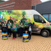 Matthew and Mike delivering gardening goodies to the pupils of Llyswen’s Archdeacon Griffiths Church in Wales Primary School