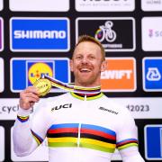 Great Britain's Jody Cundy celebrates on the podium after winning gold in the Men's C4 1km Time Trial final during day two of the 2023 UCI Cycling World Championships at the Sir Chris Hoy Velodrome, Glasgow, last week.