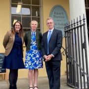 Secretary of State for Wales, David TC Davies, pictured outside the Judge's Lodging in Presteigne with Brecon and Radnor MP Fay Jones and Diane Gwilt, chair of the Judge's Lodging Trust