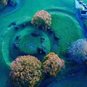 An aerial view of the motte and bailey castle earthworks at Sycharth - the ancestral home of Owain Glyndwr last native Prince of Wales. By Llywelyn 2000 usable under creative commons licence.