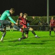 Semi-final action between Guilsfield and The New Saints at Clos Mytton. (Pic by Nik Mesney/FAW)