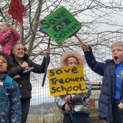 Treowen Primary School pupils gathered with their placards at a protest to save their school from