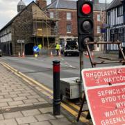 Traffic lights in Llanidloes town centre.