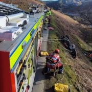 A motorcyclist left the roadway and ended up approximately 10m down a steep embankment.