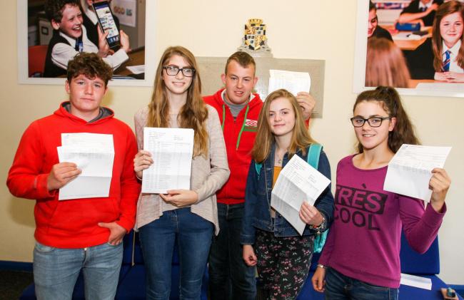 Students at Llandrindod High School were amongst the hundreds of students that collected their GCSE results this week. This group include Cheyenne Hughes, Anja Knox, Ben Williams, Joey Lloyd and Megan Brain. Photograph by Ernie Husson.